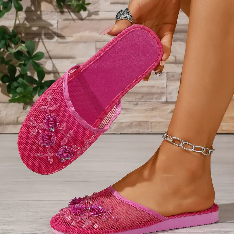 New Large Size 36-41 Women's Spring Fall Ethnic Pattern Slip-On Sandals, Elegant Flat Slippers, Elegant Textile Upper, Rubber Sole, Casual & Formal Wear