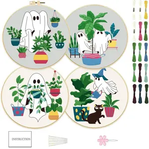 Halloween Ghost Pattern Embroidery Craft Kit, 4 Counts/set Embroidery Starter Kit with Random Color Tools & Instructions, Embroidery Supplies for Beginners, Embroidery Kit Diy