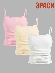 3-piece set of girls' knitted thin shoulder strap camisole bottom top, suitable for all seasons, casual slim fit, simple, minimalist, versatile, Basic, daily essential, suitable for sports and gatherings, can be worn on the inside and outside, machin