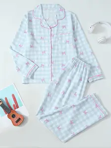 Women's Spring & Fall Sleepwear Set, 2-Piece Long Sleeve Pajamas, Loungewear Pajamas, Casual Cartoon Pattern, Fitted Home Wear, Comfortable