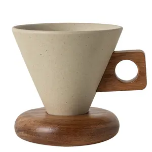 Retro Ceramic Coffee Cups with Wooden Handle and Coaster, Aesthetic 250ml Cone Cup Set for Home, Office Use