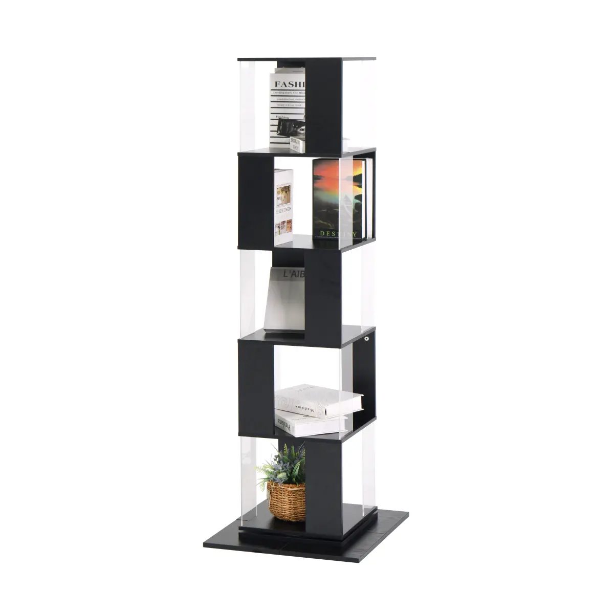 19.68*19.68*63 Inch 5-Tier 360° Rotating Bookshelf Particle Board Wood Veneer Clear Acrylic Panel Anti-Toppling Base Floor Standing Display Shelf for Bedroom Living Room Home Office