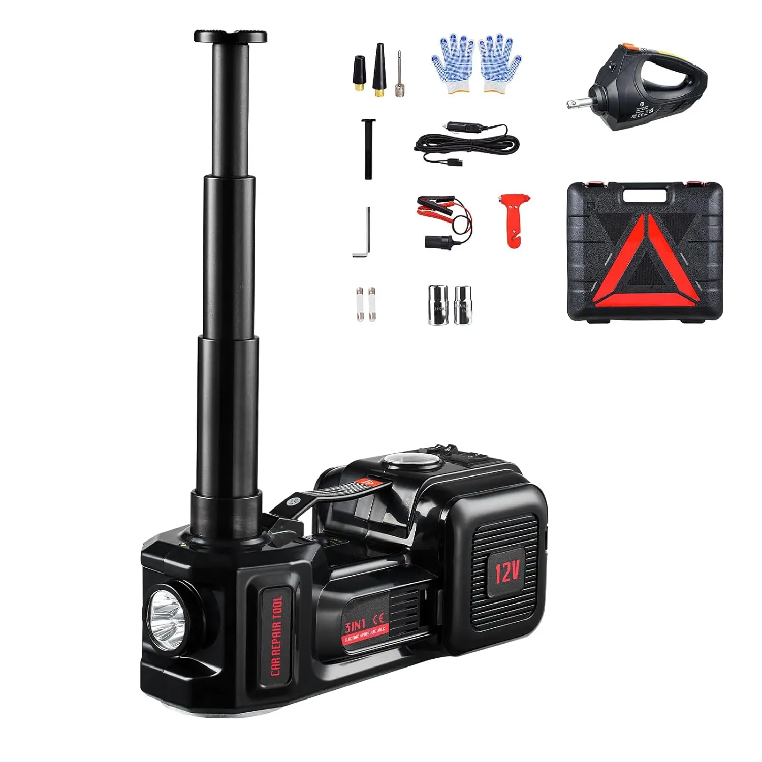 【Summerfinds】VEVOR Upgaded Electric Car Jack with Extension Rod, Max. Height 20.9 inch, 5 Tons /11000 lbs, Electric Scissor Jack with Built-in Inflator, 12V Tire Change Replacement with Electric Impact Wrench & LED Light, Portable Jack kit for Sedan