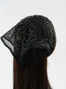 Black lace embroidered bead sequin headscarf elegant headband beaded mesh triangular square scarf turban evening headpiece hair accessory