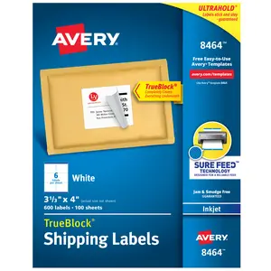 Avery Printable Shipping Labels, Sure Feed Technology, 3-1/3" x 4", White, 600 Blank Mailing Labels (8464)