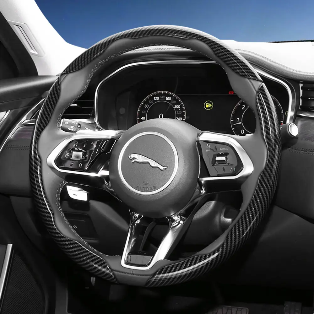 For JAGUAR Segmented Carbon Fiber Steering Wheel Cover, Steering Wheel Protector Non-Slip Comfortable Grip 2-Piece/3-Piece Set Quick-Install Design All-Season Compatibility For F-PACE/E-PACE/I-PACE/F-TYPE/XF Black Blue Silver Car Accessories