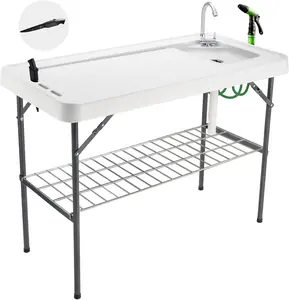 Folding Fish Cleaning Table Portable Camping Sink with Faucet Drainage Hose & Sprayer Outdoor Fillet Station Grid Rack Knife Groove for Picnic Fishing, Black