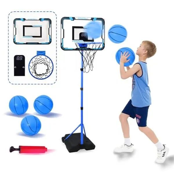 Nattork Adjustable Kids Basketball Hoop with Scoreboard - Stable Toddler Basketball Stand, No Assembly Needed, 3 Balls & Pump Included, Indoor Outdoor Play for Ages 3-8, 3 Aaa Batteries, 3 Bonus Balls