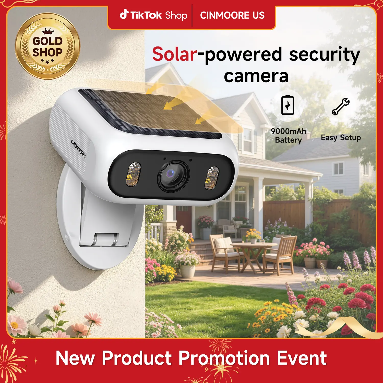 CINMOORE Solar Security Camera –2.5K HD, Wireleess 2.4GHz 5GHz Dual Band WiFi Camera , Outdoor,  Continuous Poweer，Easy Magnetic Install,Smart Garage & Yard Guard, Full‑Color Night Vision, Motion Alerts, Two‑Way Audio, App Control – All in One