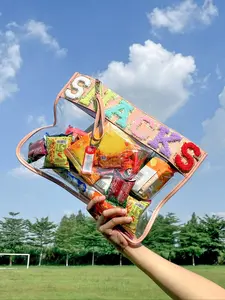 Large Clear PVC Snack Bag with Chenille Letters, Beach Travel Storage Pouch, Zipper Pouches for Snacks, Toiletries & Personal Items