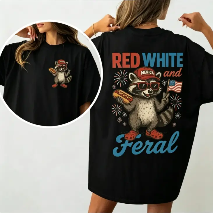 menswear,,funny,trump,mechanic,,shirts,graphic,tees,western,outfit,,music,note,,baby,dee,outdoor,casual,tok,Women's Streetwear Baggy Round Neck Red White Feral Raccoon Tshirt - Patriotic USA Flag Front-Back Print Top, 4th Of July Shirt For Women, Patrioti