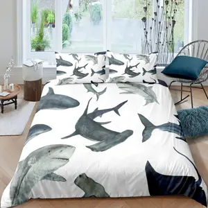 Feelyou Shark Twin-Full Duvet Cover Set, Marine Life Ocean Theme Luxury 3D Shark Print Bedroom Bedding Set, Breathable Modern Flat Weave Decorative Sea Animal Pattern Bedspread Cover (No Comforter)