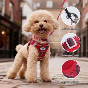 Plaid Pattern Dog Harness Straps Leash Collar 3PCS Set Breathable Fabric Comfortable Adjustable Fit Pet Vest Easy Wear Off For Small Medium Dogs Outdoor Walking