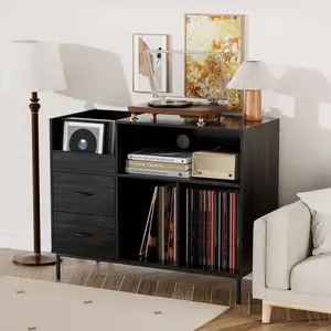 Eco-Friendly Record Player Stand with Flip-Top Wood Vinyl Storage Cabinet 2 Outlet Power Strip Drawers Dustproof Cubbies Media Console for Living Room Study Black