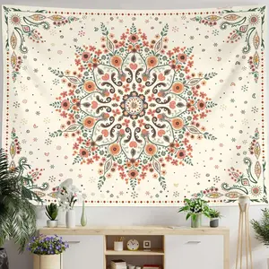 Neasow Bohemian Tapestry Wall Hanging, Beige Orange Green Floral Tapestry with Mandala Flower Medallion Print Bedroom Boho Home Decor 36×48 inch