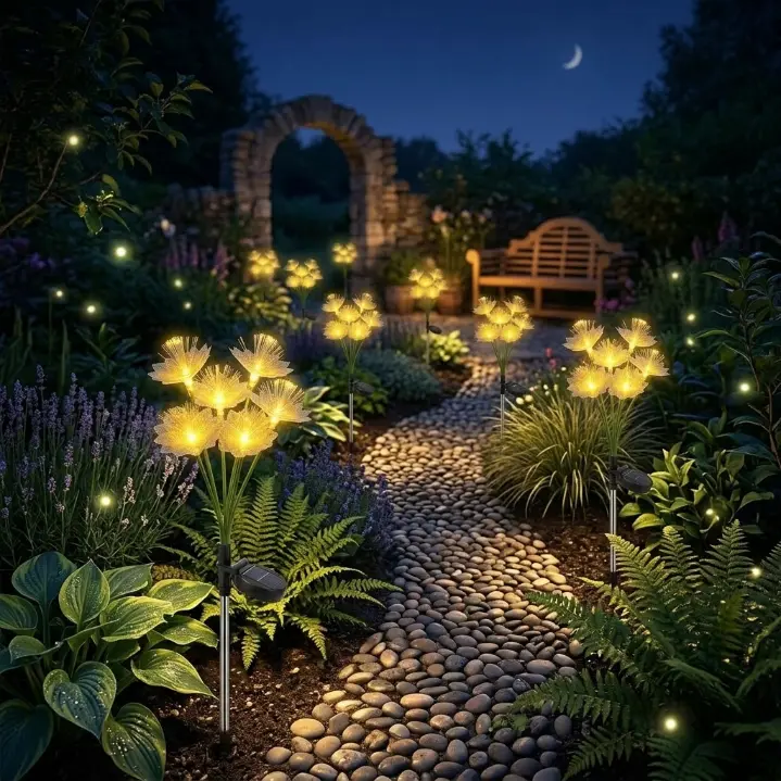 4-Pack Fiber Optic Lotus Solar Outdoor Lights, Stainless Steel Water Resistant Realistic Flower Fixtures, 2-Second Renter-Friendly Install, 100% Auto On/Off All Year Round Mood Lighting for Lawn Patio, Landscape Decor for Enthusiasts