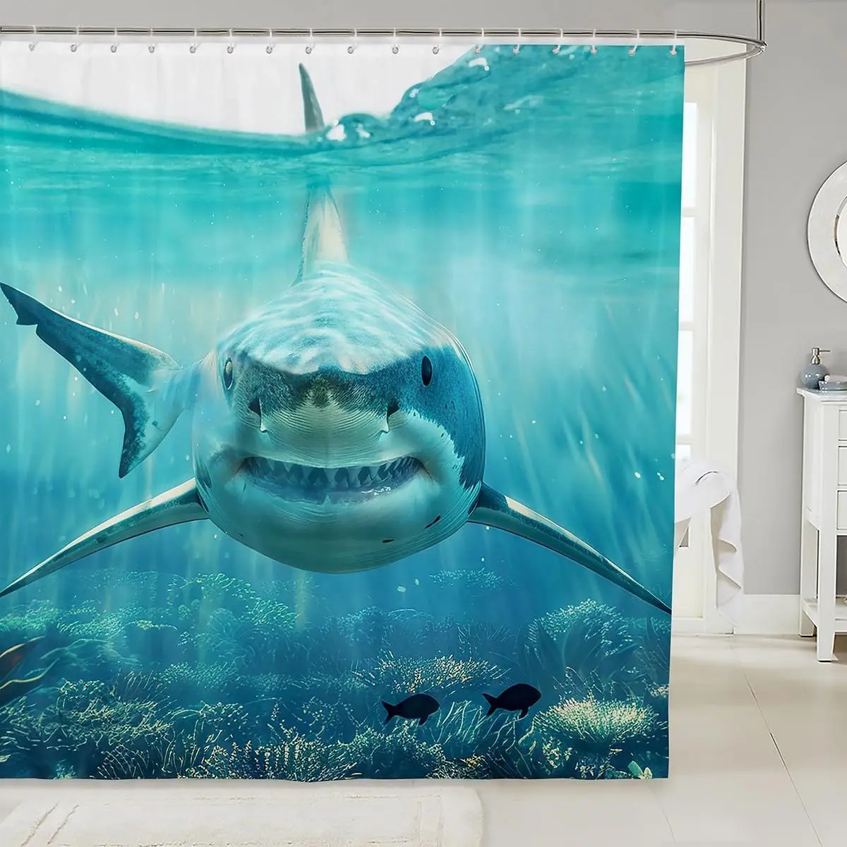 Feelyou 3D Shark Shower Curtain - Lightweight Material, Waterproof Fabric, Ocean Marine Theme, Washable for Stalls and Bathtubs