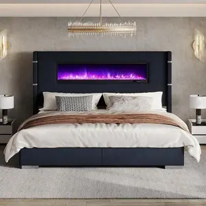 Modern  Frame With Fireplace, 60.4" Extra Tall Wingback Headboard, Corduroy Upholstered Platform  – Wooden Slats, No Box Spring Needed bed