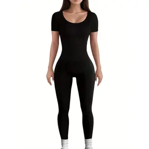Women's Seamless Ribbed Workout Jumpsuit - Body Sculpting, Tight-Fitting Stretchable Stylish Activewear, Fitness Sport Outfits, Sporty Summer Gym Jumpsuit for Yoga & Fitness
