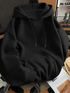 Men's Thick Casual Plain Solid Color Hoodie, Regular Fit Streetwear Drawstring Pocket Long Sleeve Pullover, Fashionable Daily Wear