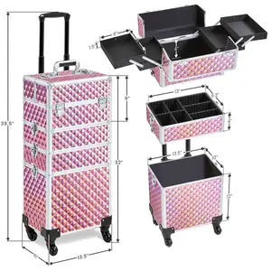 Yaheetech 4-in-1 Professional Rolling Makeup Train Case Extra-large 4-Tiered Aluminum Cosmetic Trolley Storage on Wheels Cosmetic Organizer Traveling Cart