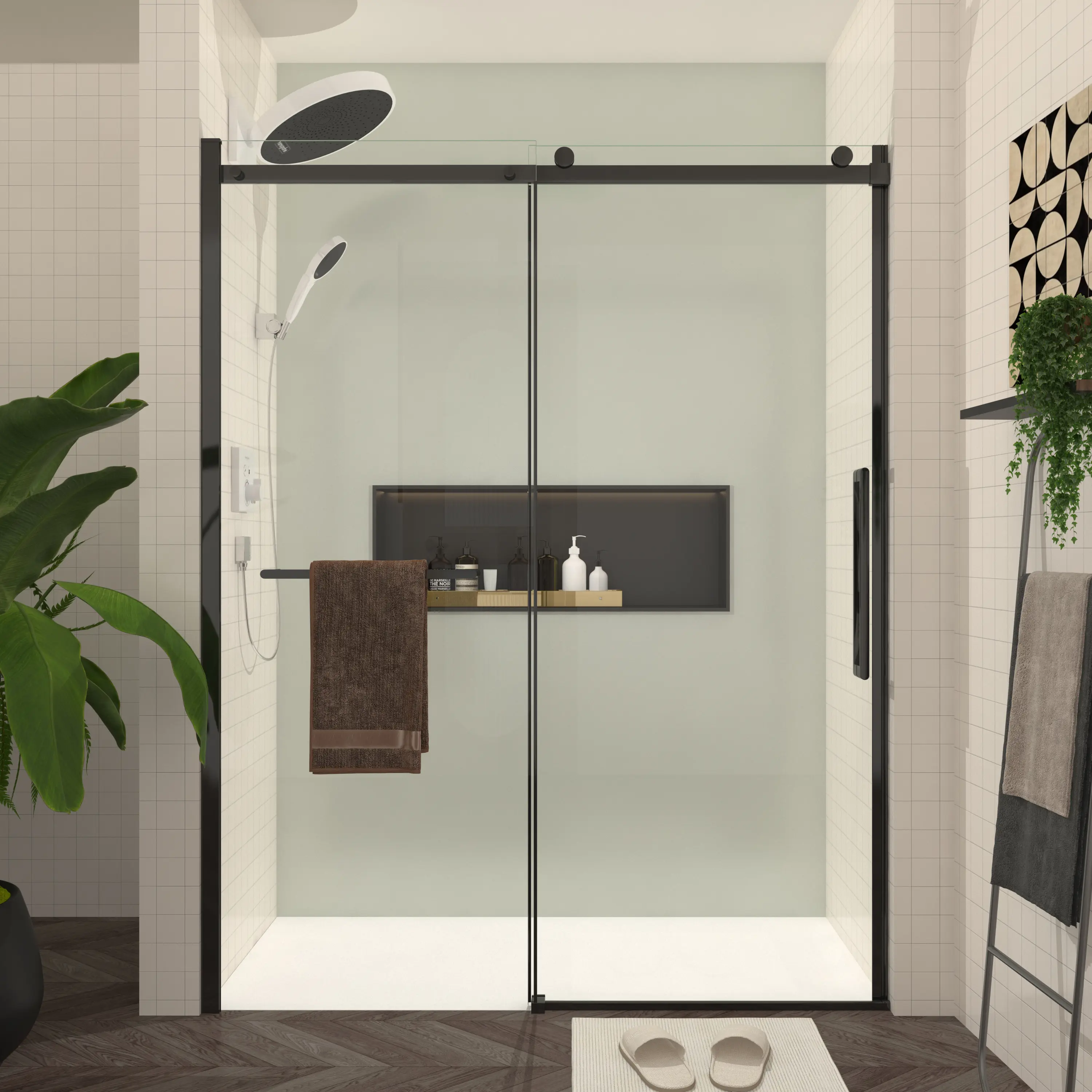 Frameless Sliding Shower Door, 56-60"W x 76"H, 8mm Tempered Glass, Matte Black Hardware with Towel Bar, Modern Bathroom Enclosure, Easy-Clean Coating, Quiet Glide