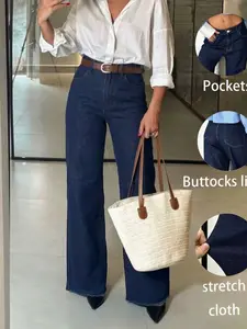Women's Denim Jeans Dark Wash Elastic Narrow Fit Loose-Leg Pants, Casual Plain Style All Seasons, Comfortable Stretch Material