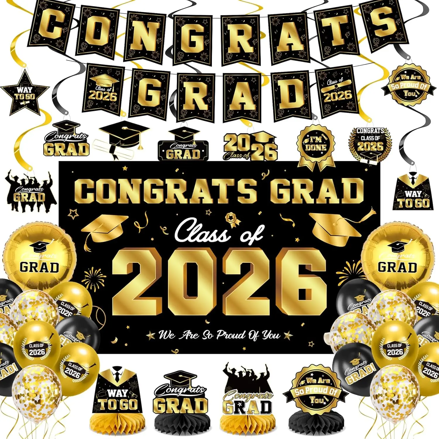 Graduation Decorations 2026-Black and Gold Graduation Party Decorations Supplies Class of 2026 with Graduation Banner, Backdrop, Balloons, Centerpieces, Hanging Swirl for Grad Party