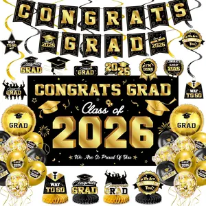 Graduation Decorations 2026-Black and Gold Graduation Party Decorations Supplies Class of 2026 with Graduation Banner, Backdrop, Balloons, Centerpieces, Hanging Swirl for Grad Party