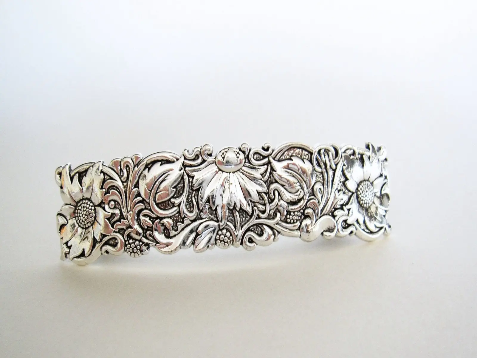 Silver flowers leaves vine metal flower filigree hair clip barrette