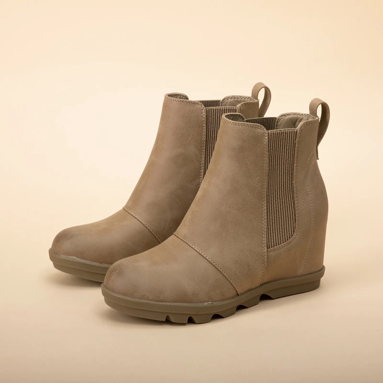 Women's Chic Waterproof Khaki Leather Ankle-Length Slip-On Wedge Booties - Casual Retro Walking Shoes with Comfortable Round Toe for Everyday Wear