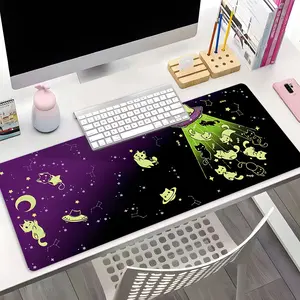 Space Cat UFO Abduction Sci-Fi Art Large Desk Mat, Desk Accessories, XXL Extended Gaming Mouse Pad, Non-Slip Rubber Base with Stitched Lock Edge, Washable Desktop Pad for Home Office, Cool Gift for Sci-Fi & Cat & Lofi Aesthetic Fans