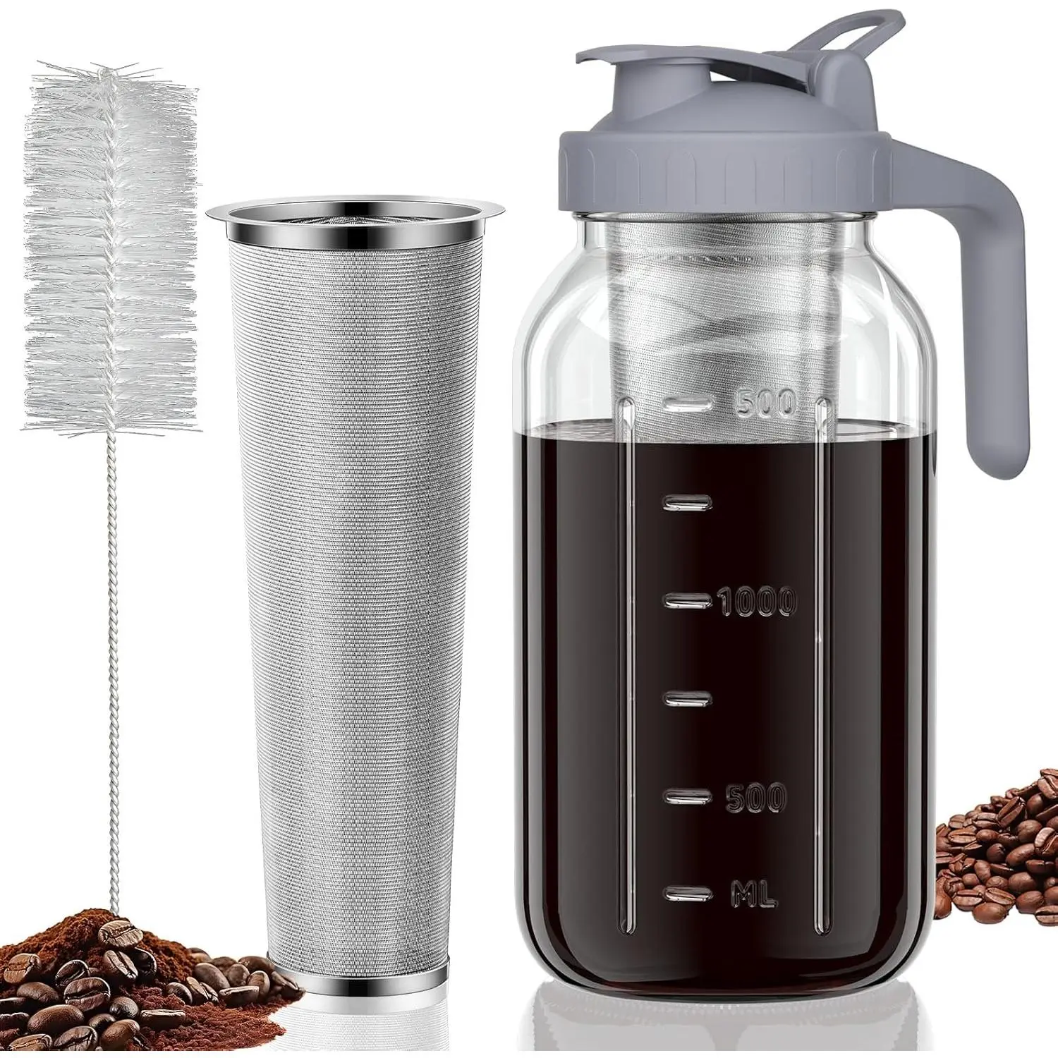 64oz Thick Glass Cold Brew Maker Jar - Kitchenware Coffee Making Tool, Stainless Steel Filter, Handle, Spout Lid, Fruit Infuser Grey 2-Size Mason Pitcher for Iced Coffee & Tea