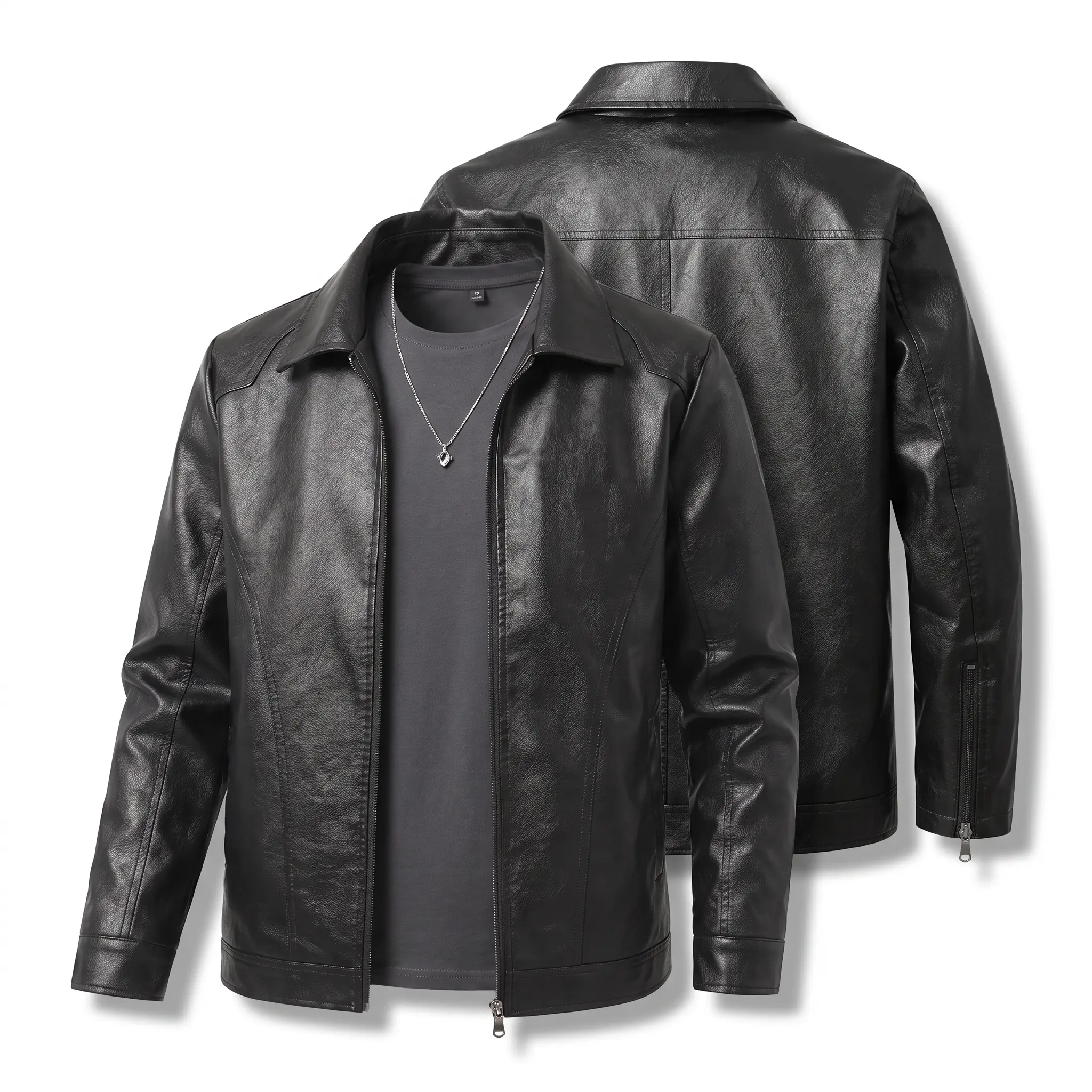 Men's Premium PU Faux Leather Bomber Jacket - Asian Menswear Long Sleeve Top, Classic Black Motorcycle Biker Coat, Windproof Zipper-Up Vintage Streetwear for Men, Fall Winter Warm Cruelty-Free Holiday Gift, Tops