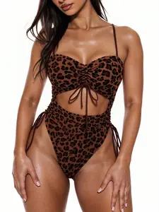 Women's Sexy Leopard Print Drawstring Cutout High-Waisted Slimming One-Piece Swimsuit, Pool Party Style Monokini Swimwear, Drawstring Bathing Suits, Swim Bodysuit