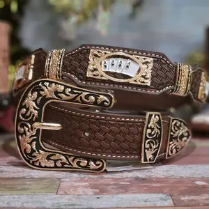 Four aces Western Belt  Texas style Cowboy Cowgirl/ star  Gold  genuine Leather sz Medium coffee brown