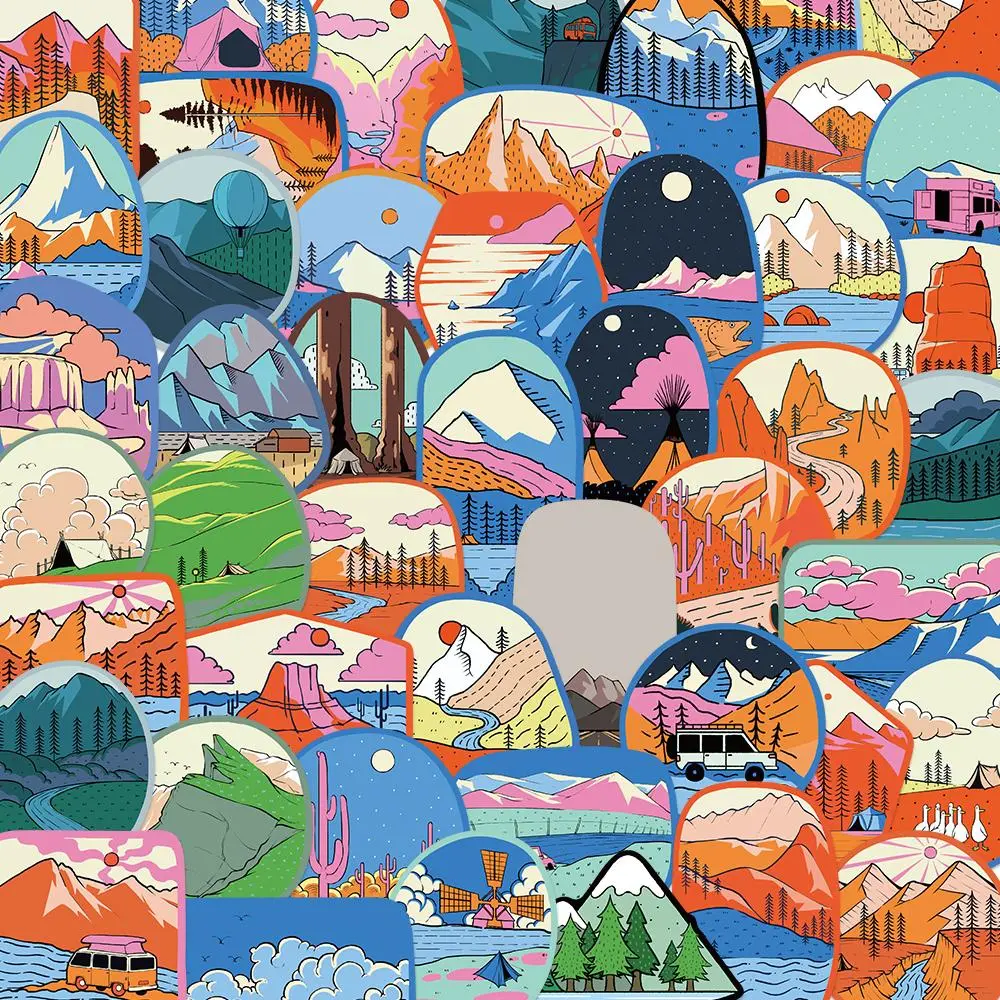 Outdoor Camping Themed Sticker, 50/1000pcs/set Cartoon Pattern Decorative Sticker, DIY Decals for Water Bottle, Laptop, Phone Case, Scrapbooking, Journal Making