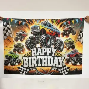 Monster Truck Pattern Birthday Background Banner, Monster Truck Birthday Party Decoration, Wall Decoration, Photography Background, Indoor & Outdoor Decoration, Ornaments