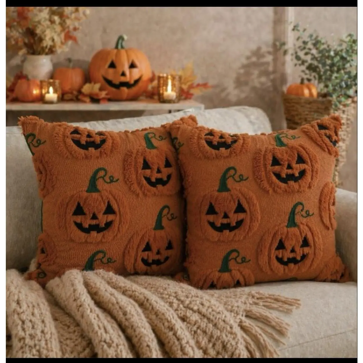 Halloween Pumpkin Pillows - Orange Knitted Decorative Cushions with Jack-o'-Lantern Design for Festive Home Decor