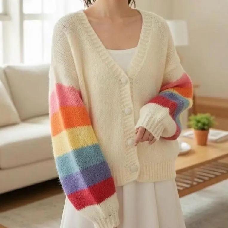 Women’s Rainbow Color Oversized Cardigan Sweater Button Down Sweater Loose Fit, V-Neck, Long Sleeve, Button Closure,  Knitwear