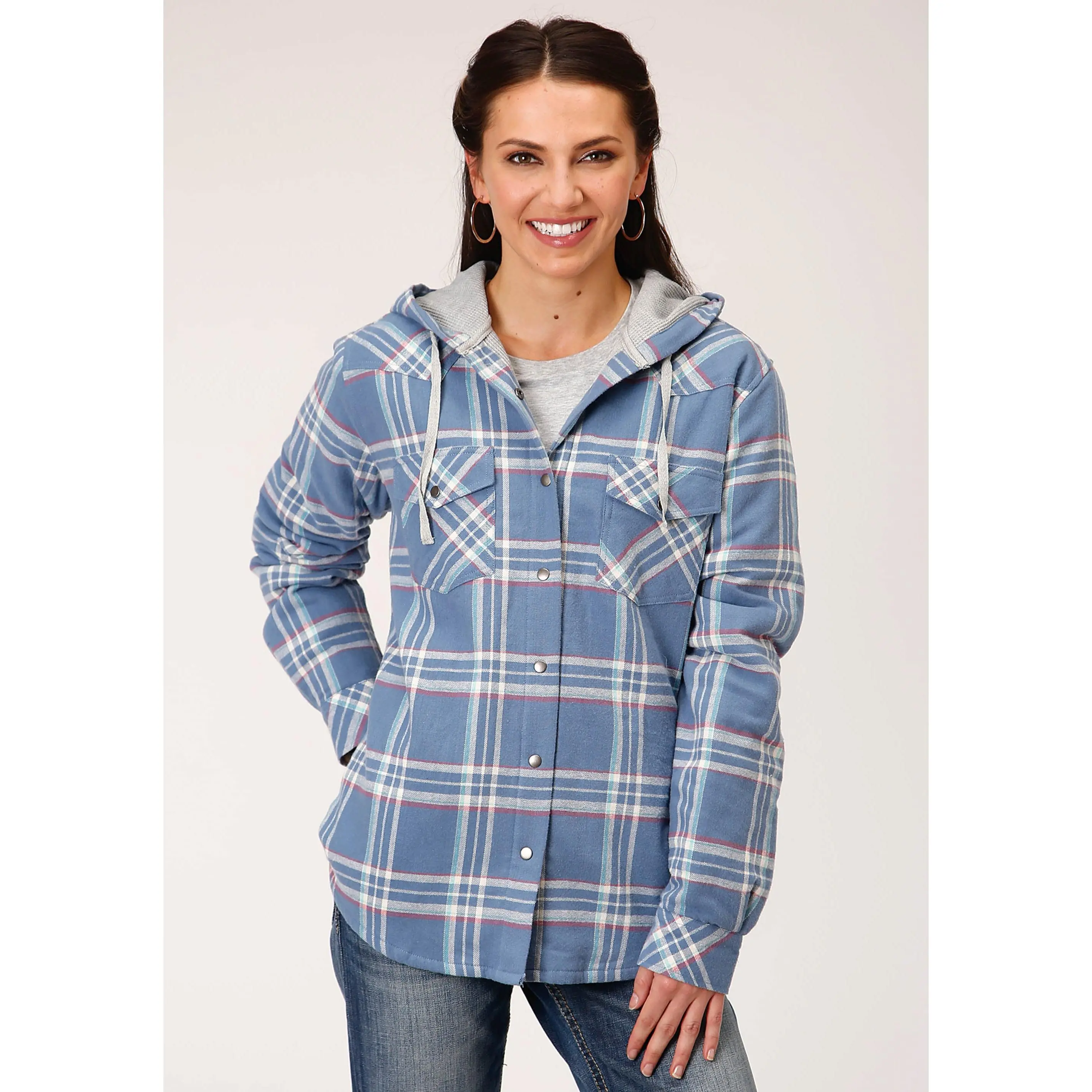 Womens Long Sleeve Snap Thermal Lined Flannel Shirt Jacket