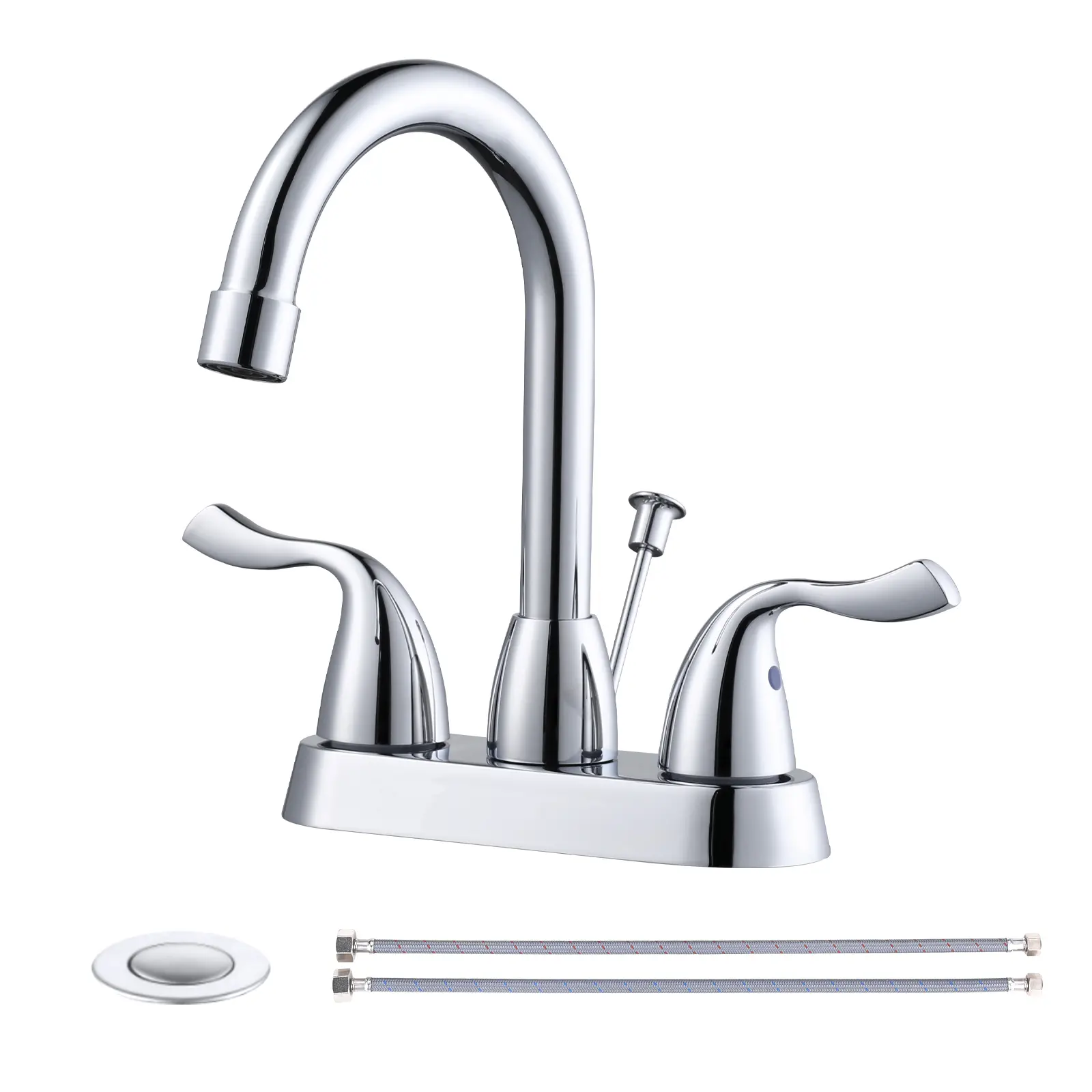 WOWOW Double Handle High Arc Centerset Bathroom Faucet, 4 in 3-Hole Chrome Sink Faucet with Drain Assembly and Supply Hoses, Centerset Sink Faucet, Double Handle Faucet