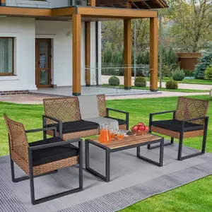 Bellemave 4-Piece Modern Weatherproof Outdoor Patio Furniture Set - Solid Wicker, Acacia Wood Table Top, 4-Seat Porch Set for Balcony, Garden, Patio Furniture Sets