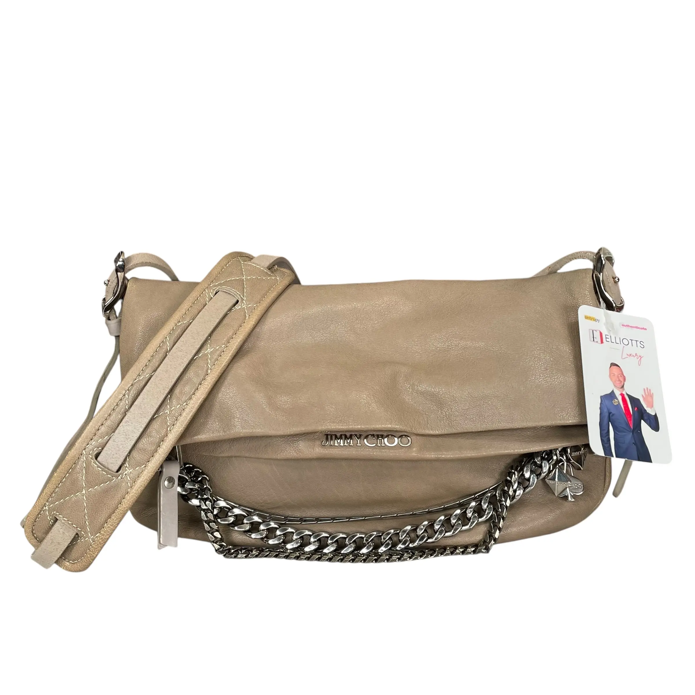 Pre-owned JIMMY CHOO LEATHER Shoulder Bags Small Biker Taupe Charms Shoulder Double Saddle Crossbody Hobo Purse