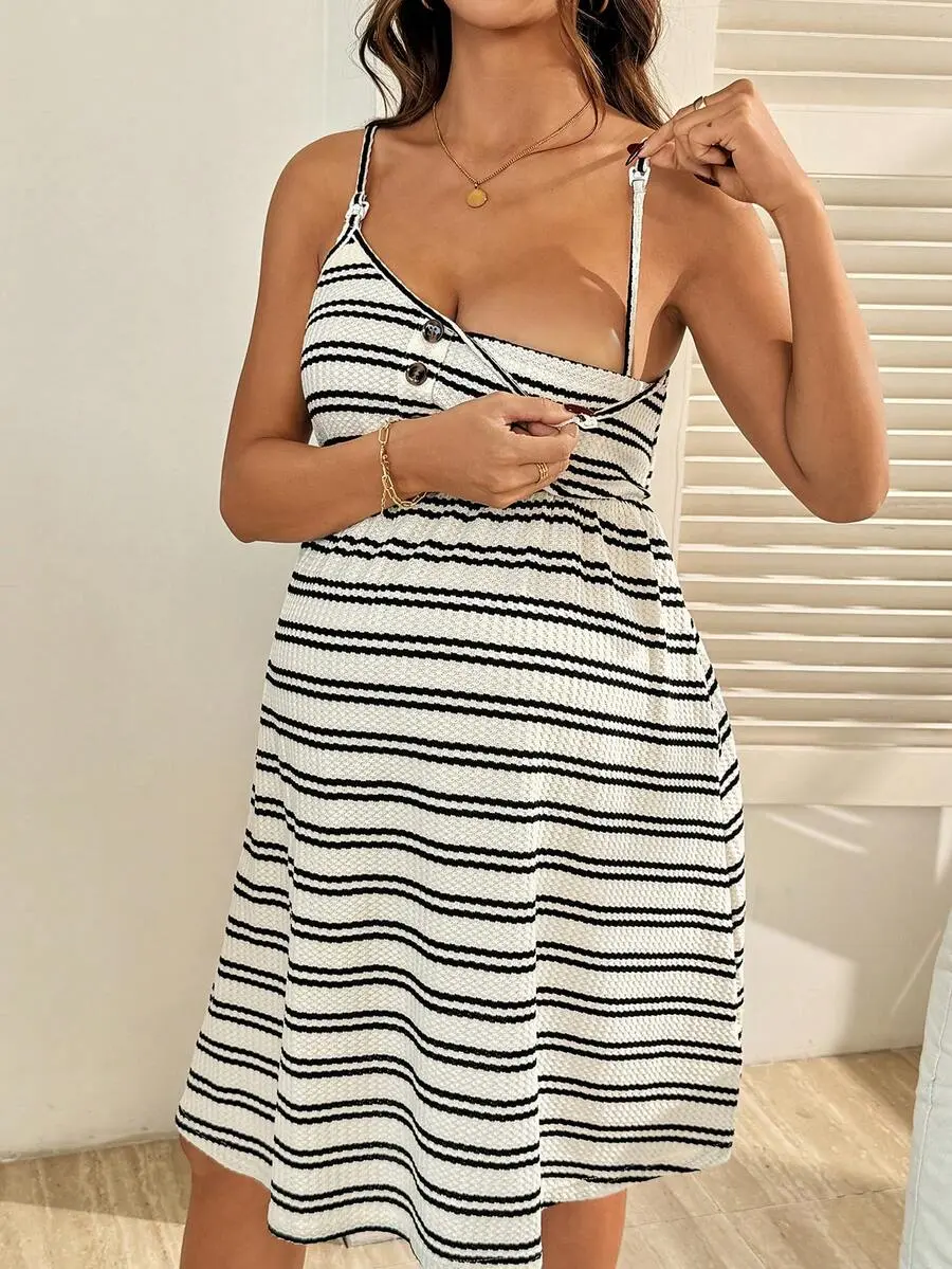 ROSY x  Maternity Clothes Maternity Nursing Dress Bodysuit Summer Pregnant Clothes Striped Nursing Dress, Soft, Comfortable, Casual, And Perfect For Going Out