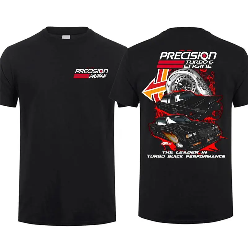 Precision Turbo Engine Graphic Tee, Plus Size Y2K Racing Car Culture Streetwear, Double Sided Print Buick Performance Men Summer T-Shirt