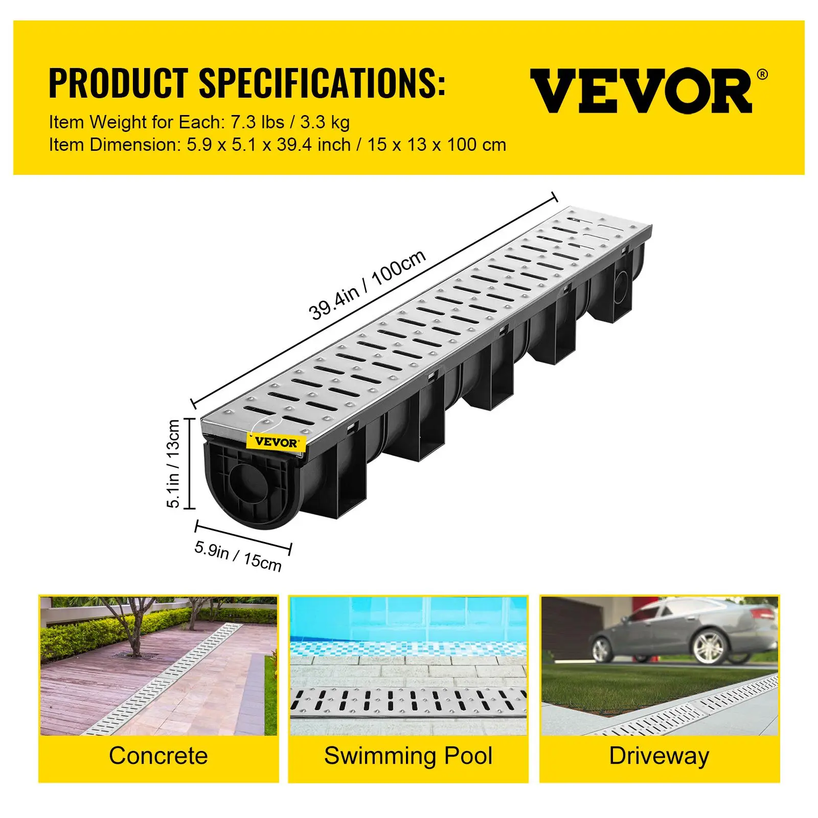 【Summerfinds】VEVOR Trench Drain System, Channel Drain with Metal Grate, 5.9x5.1-Inch HDPE Drainage Trench, Black Plastic Garage Floor Drain, 3x39 Trench Drain Grate, with 3 End Caps, for Garden, Driveway-3 Pack