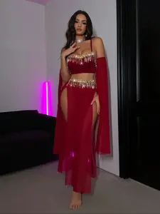 Women's Sexy Transparent Lace Mesh Waist Cincher Fringe Design High-Waisted Split Long Dress Comfortable Elegant Set