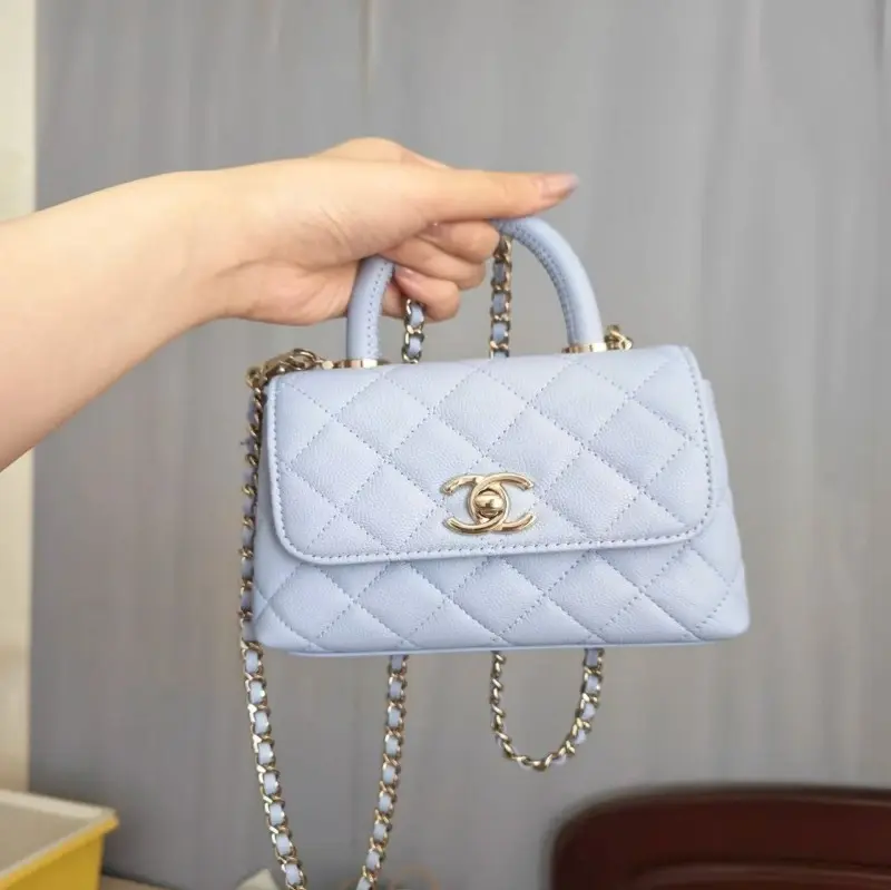 ‮‬Mini Classic Flap Top Handle Pastel Light Blue Caviar Handbag