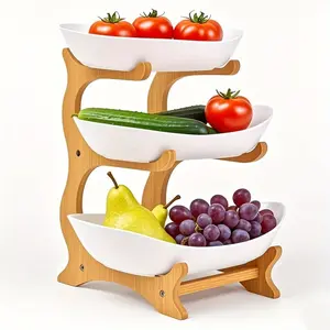 3-Tier Oval Fruit Basket with Bamboo Stand, Durable Polypropylene Freestanding Storage Rack for Kitchen Organization, Natural Bamboo Finish Multilayer Shelf, Modern Display Container for Kitchen & Party Serving